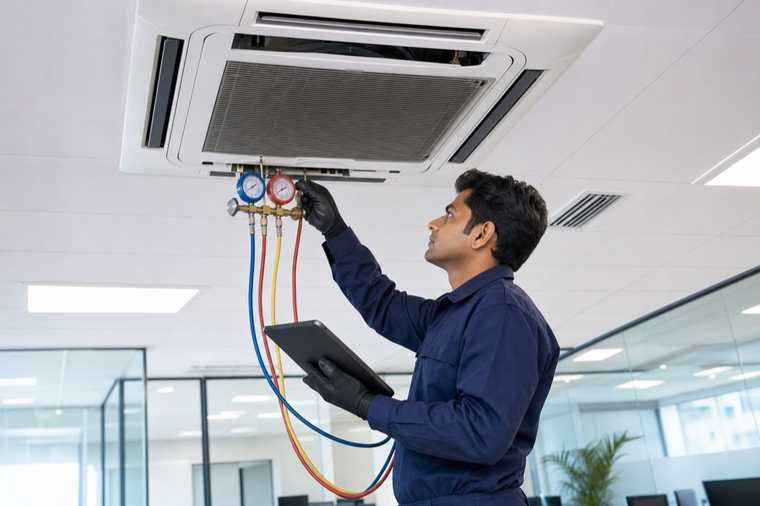 Uniformed AC service crew at an institutional site