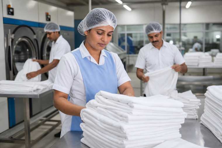 Bulk hotel laundry and linen team at work