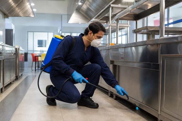 Licensed pest-control technician treating a facility