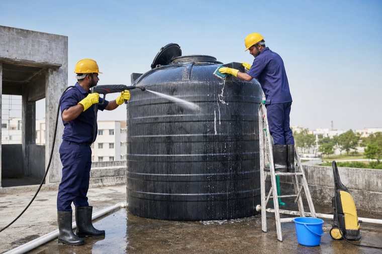 Water-tank cleaning crew for hostels and hospitals