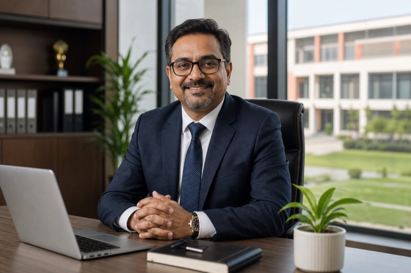 Institutional facility leader in a modern campus office representing OnBusiness clients in India, corporate facilities