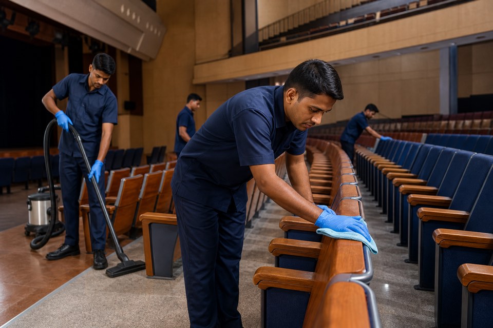 School auditorium and hall deep cleaning crew