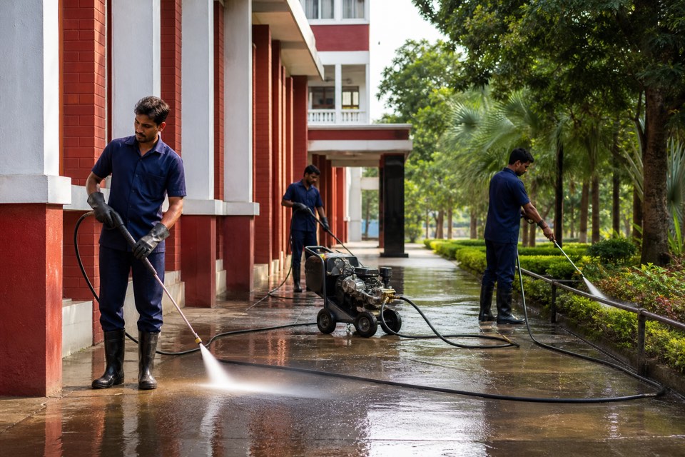 Crew pressure washing institutional campus exterior