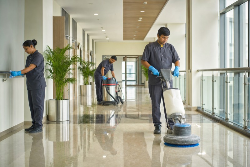 Commercial floor scrubber in corporate or hospital lobby