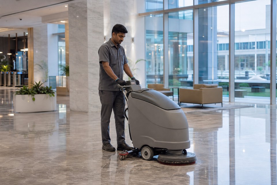Commercial floor scrubber in corporate or hospital lobby