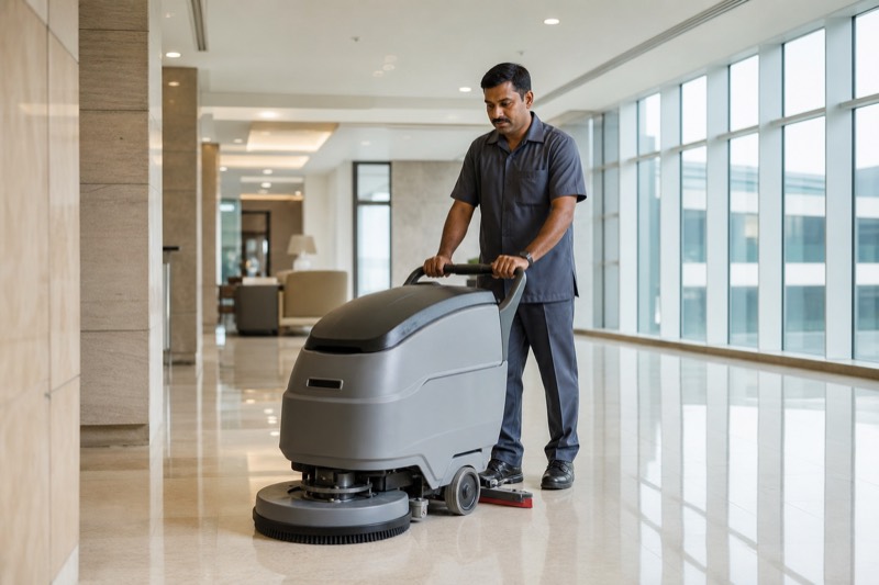 Commercial floor scrubber in corporate or hospital lobby