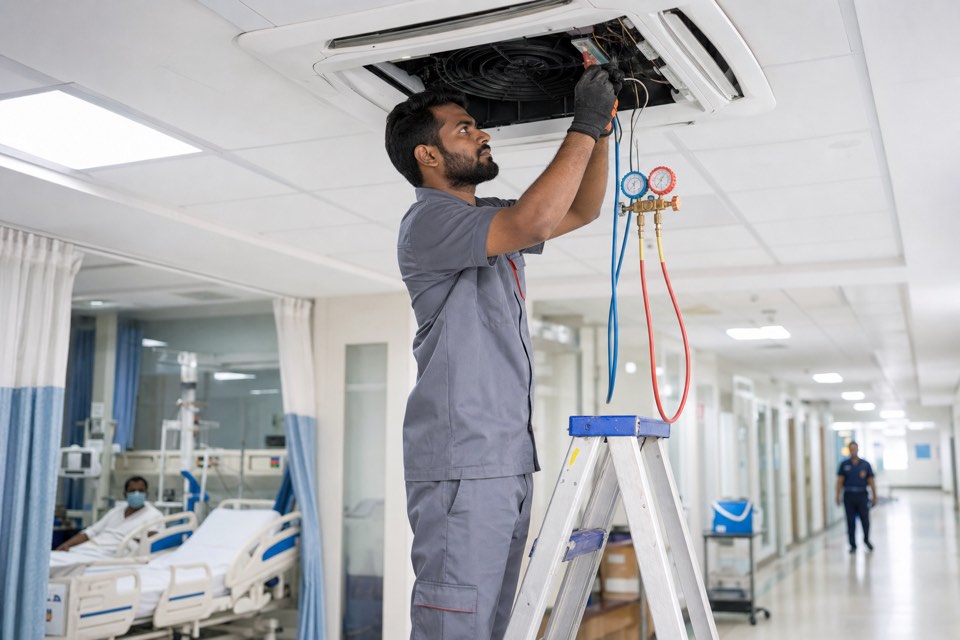 Professional institutional hospital ac service crew for schools, hospitals, and corporate campuses