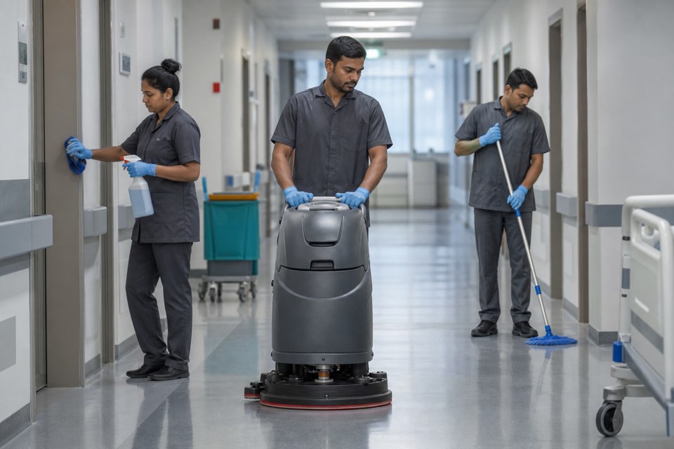 Professional institutional hospital cleaning crew for schools, hospitals, and corporate campuses