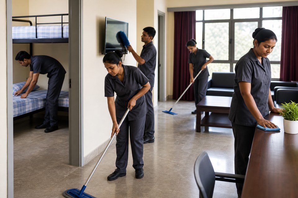 College hostel common area and dorm cleaning crew