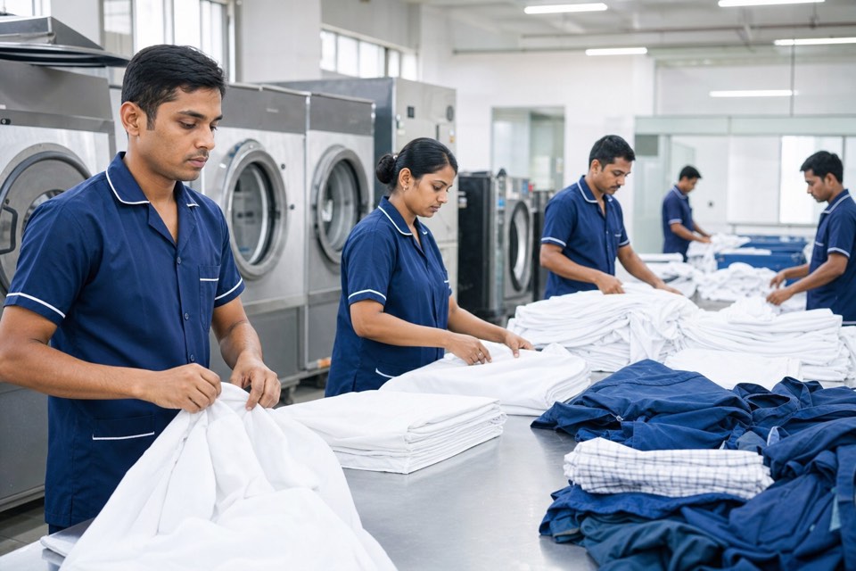 Professional institutional hostel laundry crew for schools, hospitals, and corporate campuses