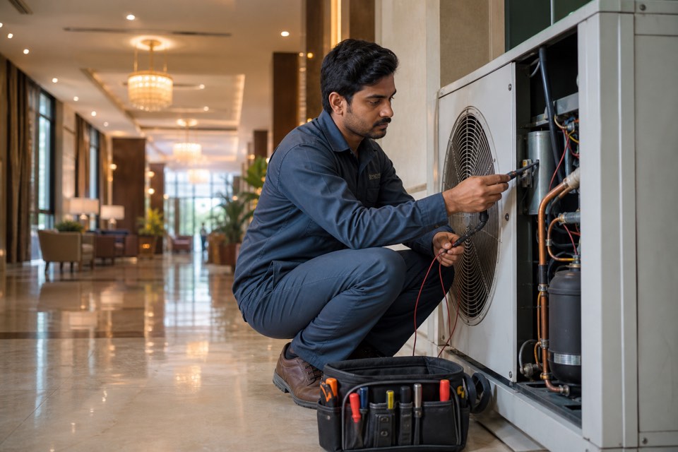 Uniformed HVAC technician performing commercial AC diagnostic check-up