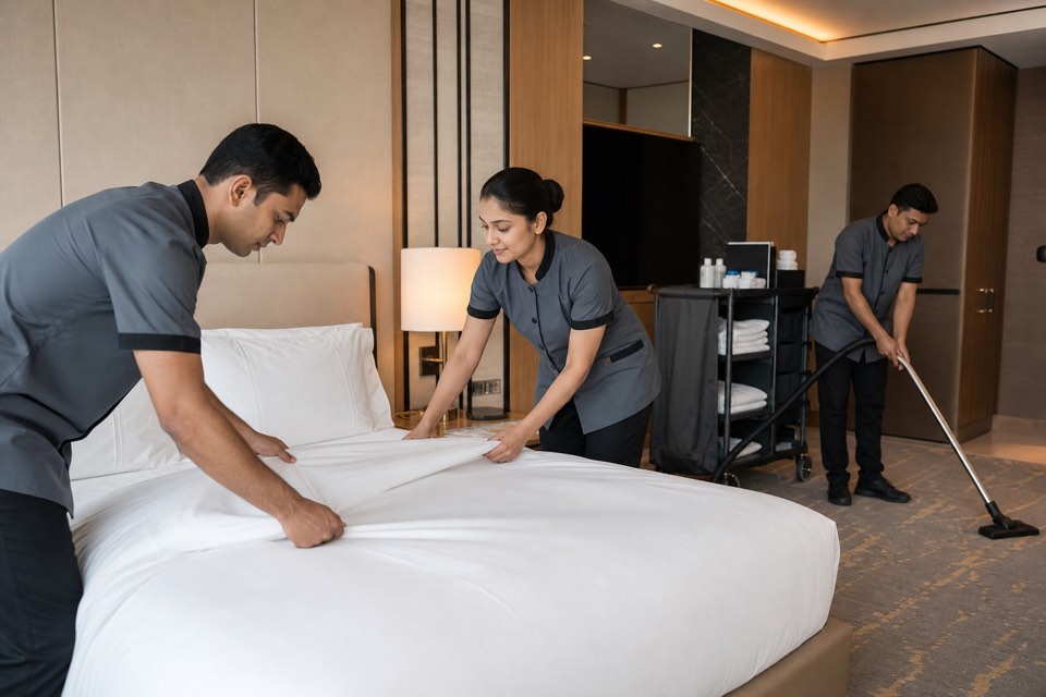 Professional institutional hotel housekeeping crew for schools, hospitals, and corporate campuses