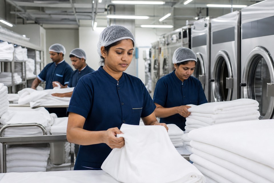 Professional institutional hotel laundry crew for schools, hospitals, and corporate campuses