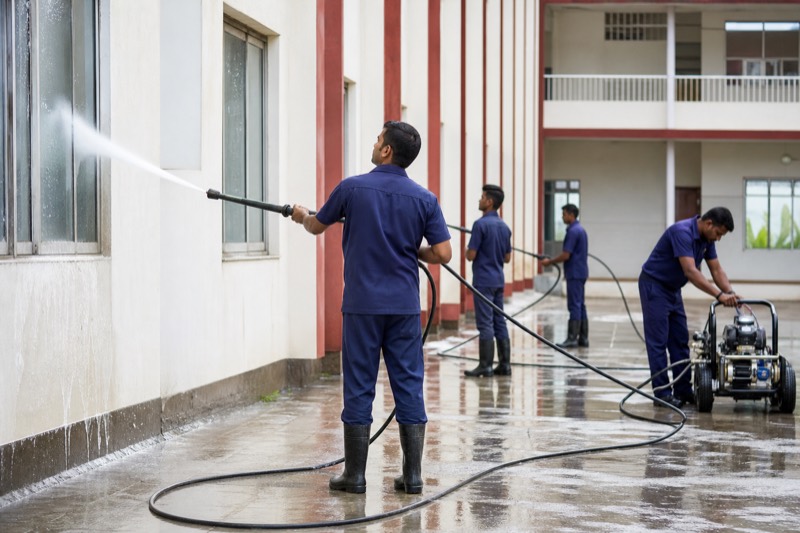 Crew pressure washing institutional campus exterior
